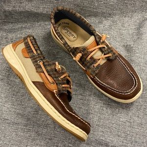 NEW Sperry TopSiders brown leather flannel plaid tan canvas womens shoes 7.5